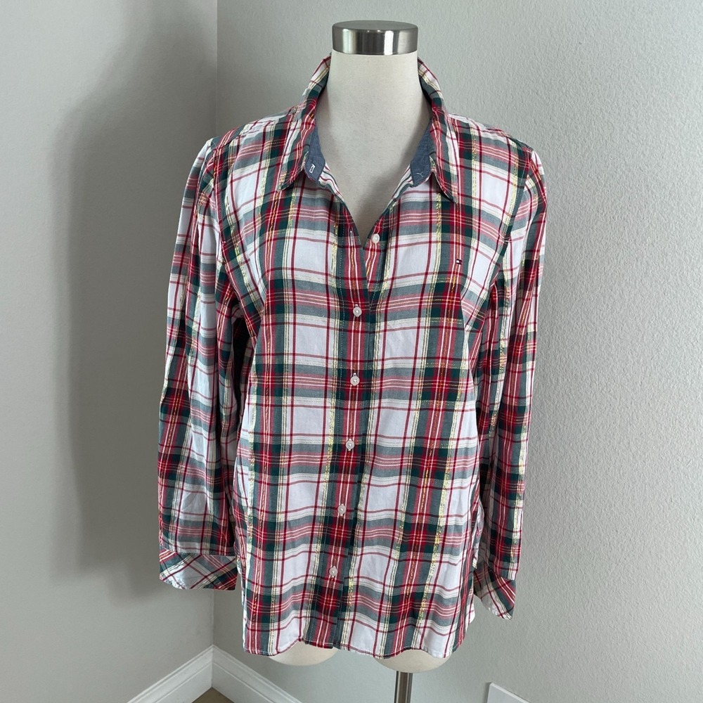 Tommy Hilfiger Womens XL‎ Button Up Shirt Red Green Metallic Plaid Classic Fit